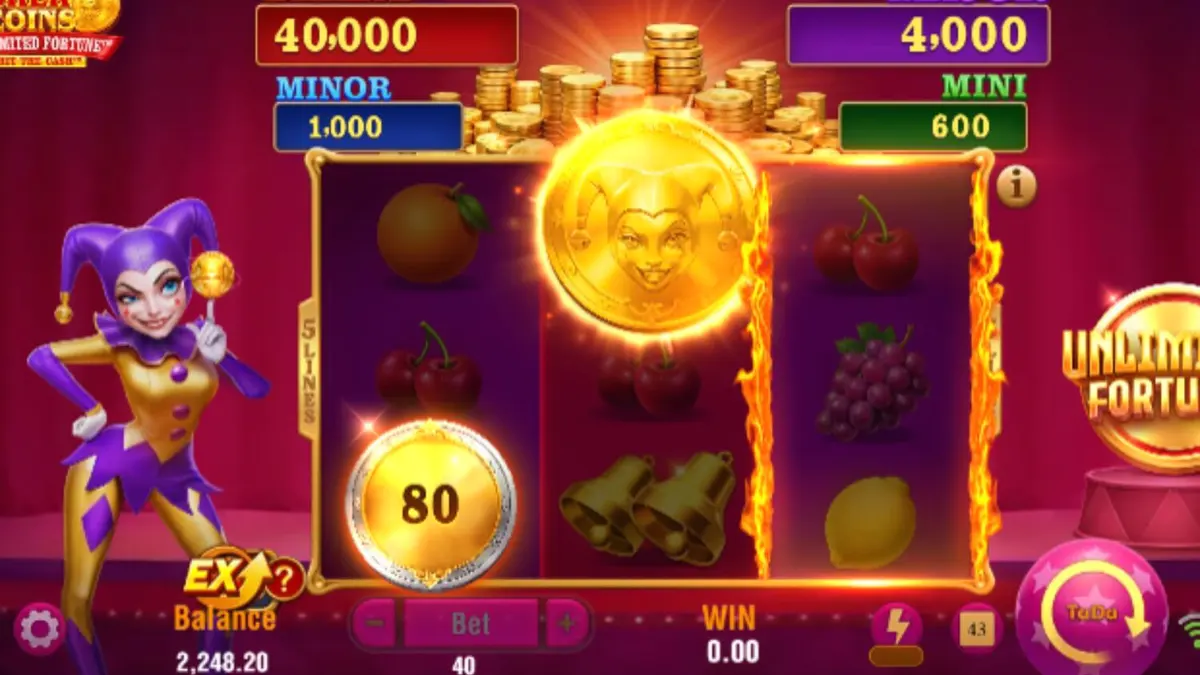 Joker Coins Unlimited Fortune slot machine screen na may neon fruit symbols