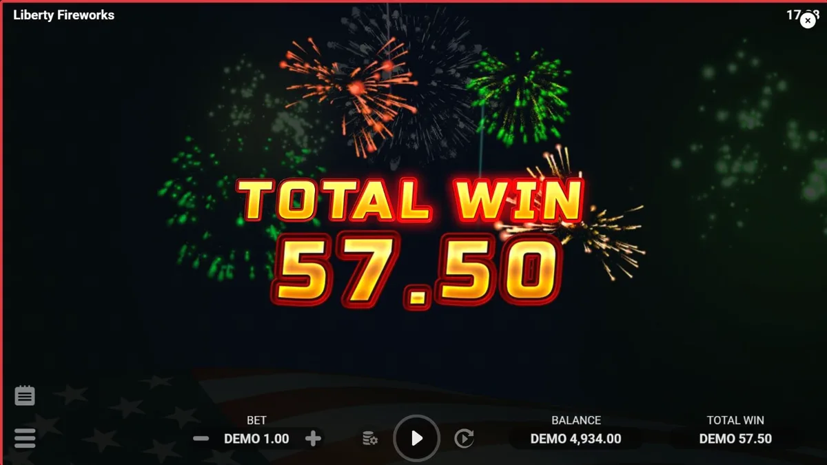 Liberty Fireworks 3 Pots slot game screen na may makukulay na paputok at American theme symbols.