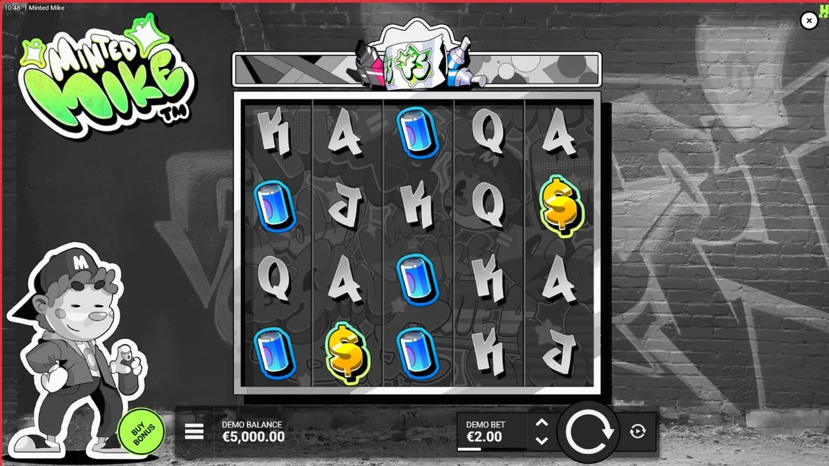 Isang makulay na graffiti-themed slot machine na Minted Mike na may neon lights at urban background.
